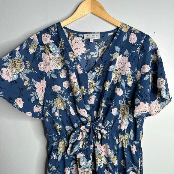 Hayden Los Angeles Blue Floral Flutter Sleeve Tie Front V Neck Maxi Dress Size L - Picture 2 of 8